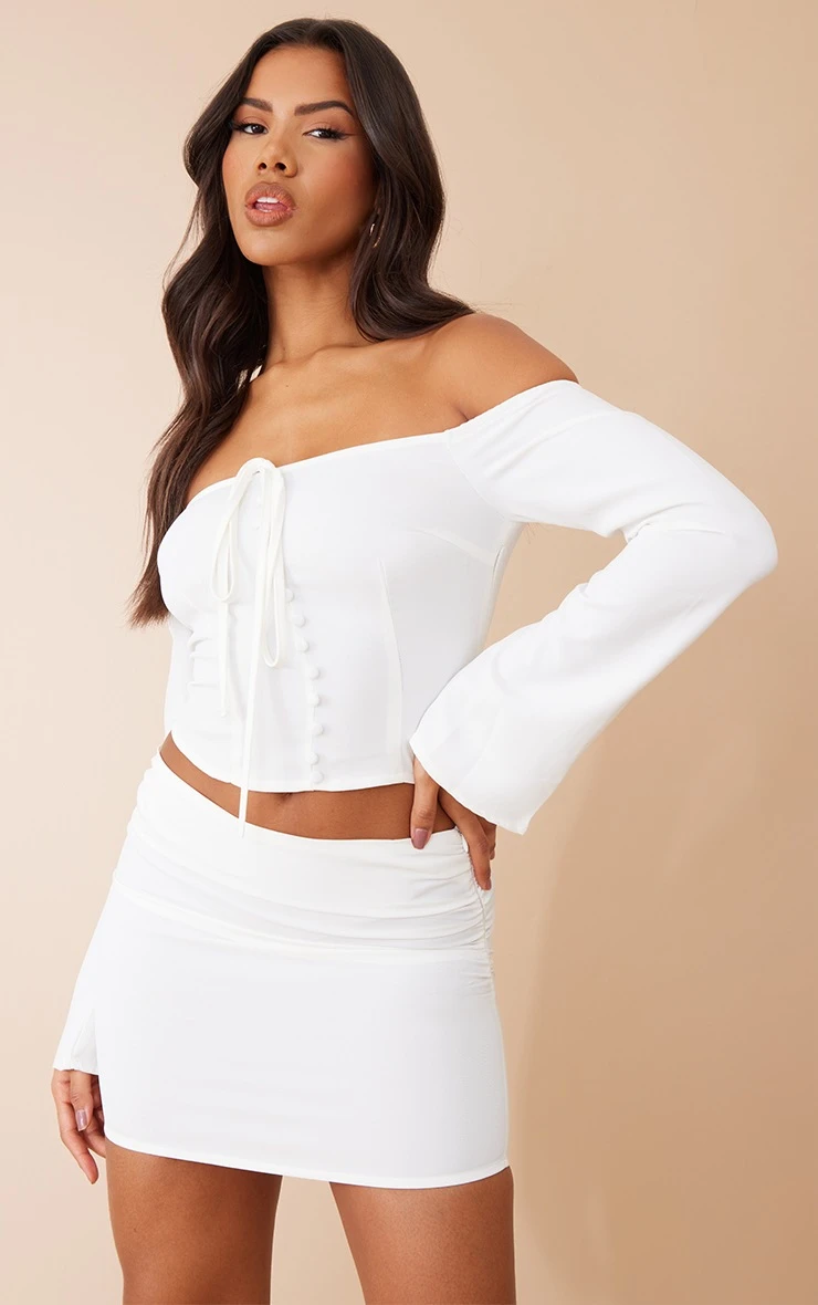 White Woven Ruched Side Mini Skirt 6 White Woven Ruched Side Mini Skirt - Image 4