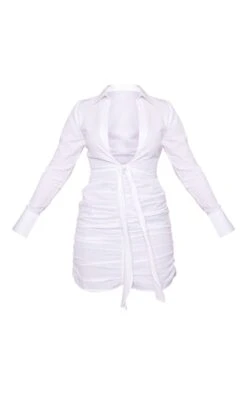 White Linen Look Ruched Plunge Shirt Dress -Cheap Glamarish Store 694d1b5913a282a7ee0c3cdf5efbd4507b31af88 cnd5417 5