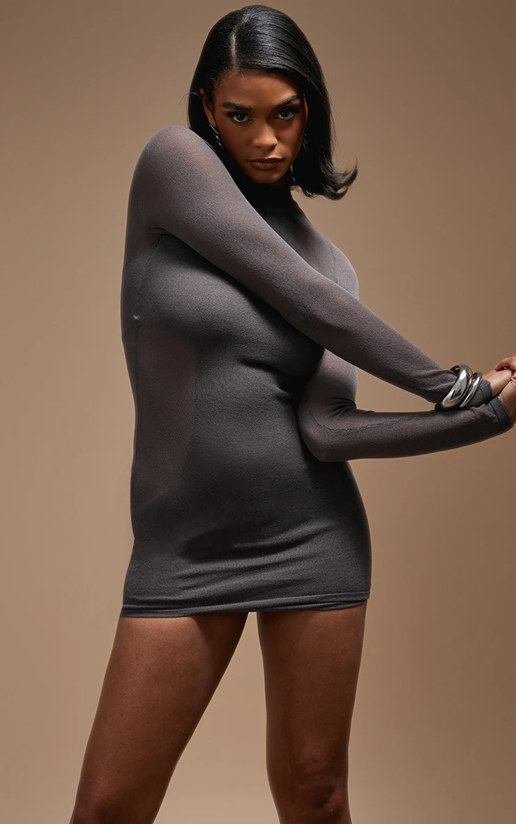 Charcoal Sheer Knit Racer Lined Long Sleeve Dress 6 Charcoal Sheer Knit Racer Lined Long Sleeve Dress - Image 4