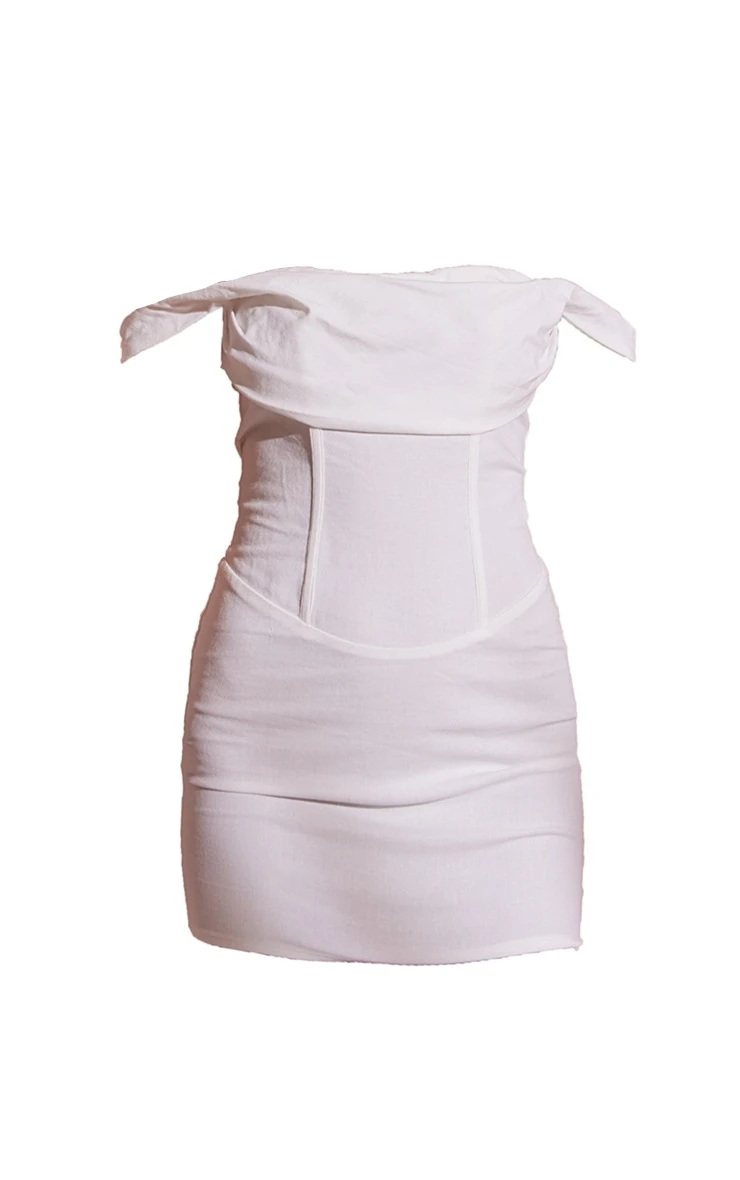White Linen Look Draped Bardot Corset Bodycon Dress 7 White Linen Look Draped Bardot Corset Bodycon Dress - Image 5