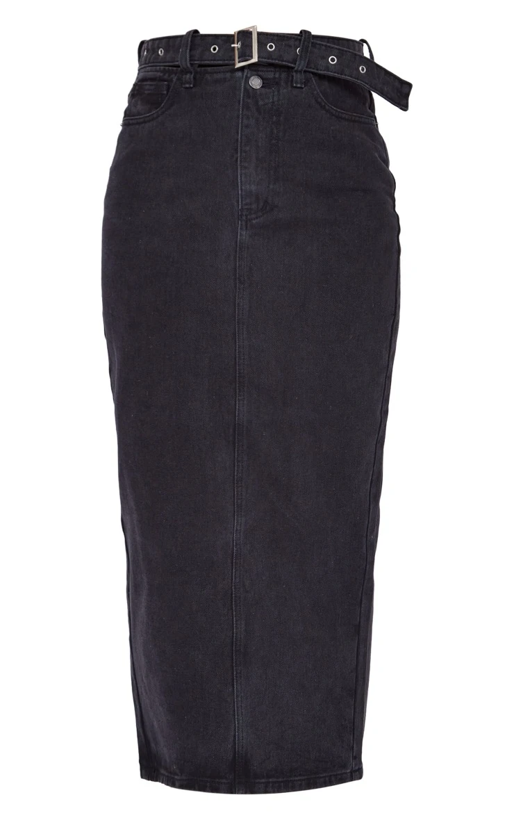 Washed Black Cut Out Buckle Waist Denim Midi Skirt 7 Washed Black Cut Out Buckle Waist Denim Midi Skirt - Image 5