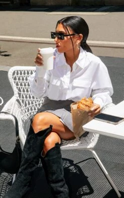 White Long Sleeve Pocket Detail Shirt Dress