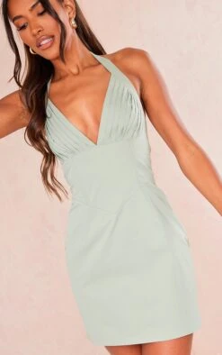 Sage Khaki Woven Pleated Bust Boned Halter Bodycon Dress -Cheap Glamarish Store 7666ab0a774ad86c0dc96d8a30d728becbacd1ea cne3774 4