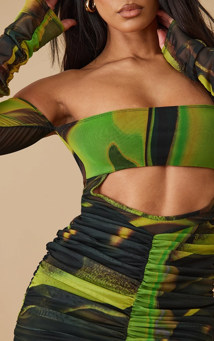 Green Smoke Print Mesh Bardot Ruched Bodycon Dress 6 Green Smoke Print Mesh Bardot Ruched Bodycon Dress - Image 4