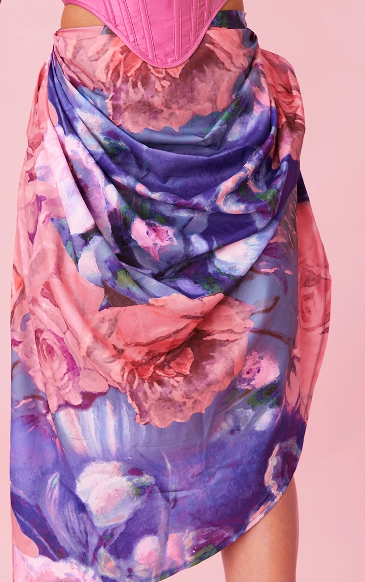 Purple Floral Print Ruched Side Midi Skirt 6 Purple Floral Print Ruched Side Midi Skirt - Image 4
