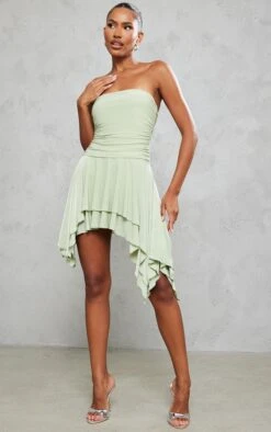 Sage Green Slinky Bandeau Asymmetric Hem Shift Dress