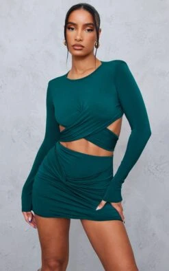 Green Cross Detail Shoulder Pad Mini Bodycon Dress