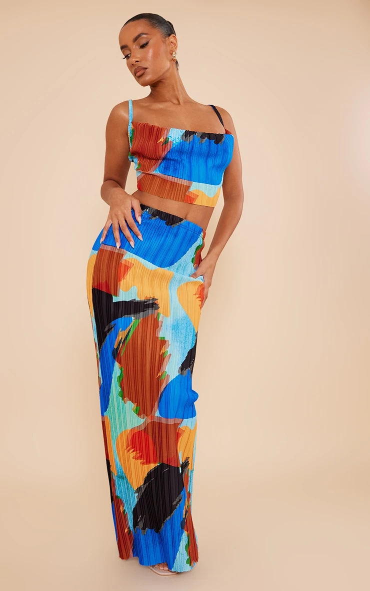 Blue Abstract Print Plisse Maxi Skirt 3 Blue Abstract Print Plisse Maxi Skirt