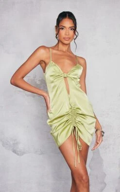 Olive Satin Knot Bust Detail Cut Out Ruched Bodycon Dress