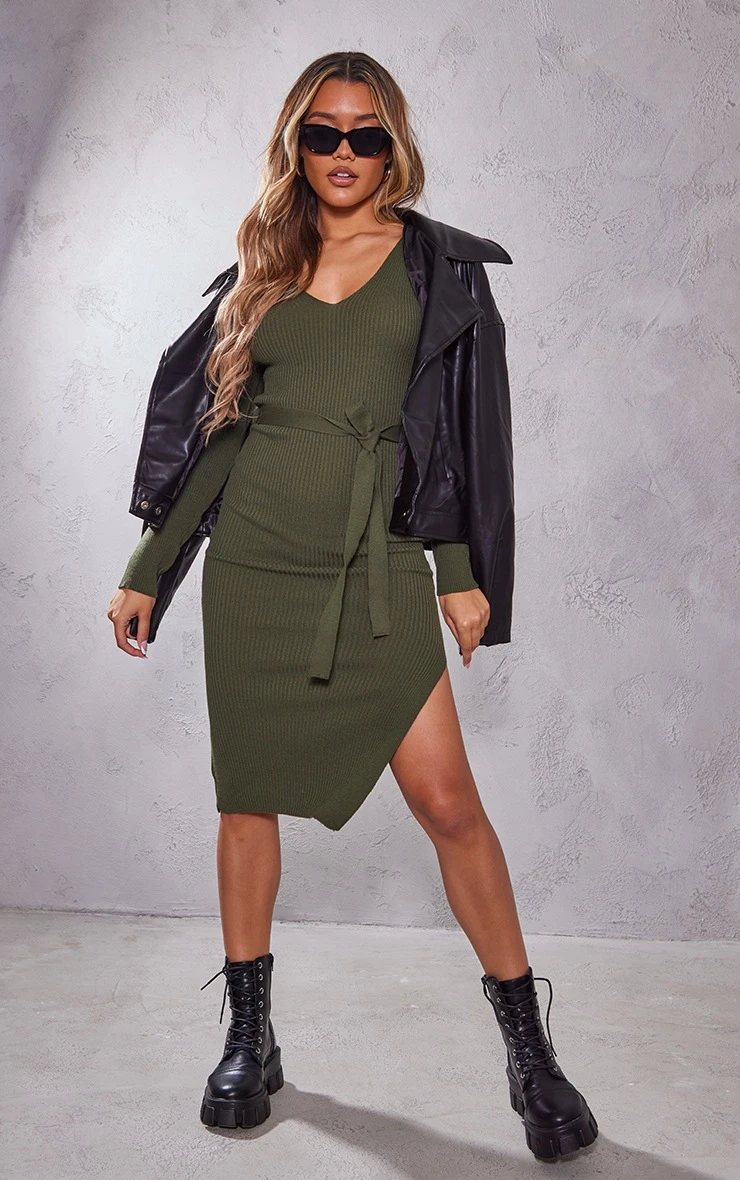 Khaki V Neck Belted Long Sleeve Split Midi Dress 3 Khaki V Neck Belted Long Sleeve Split Midi Dress