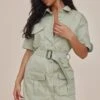 Sage Cargo Shirt Sleeve Belted Shirt Dress