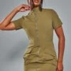 Khaki Parachute Cargo Zip Through Shirt Dress