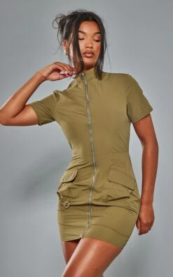 Khaki Parachute Cargo Zip Through Shirt Dress