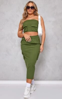 Khaki Linen Look Cargo Pocket Midi Skirt