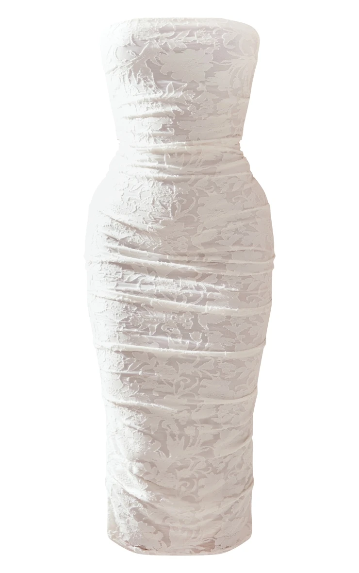 White Floral Textured Bandeau Ruched Side Maxi Dress 6 White Floral Textured Bandeau Ruched Side Maxi Dress - Image 4