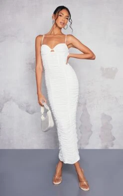 White Mesh Ruched Underwire Detail Strappy Midaxi Dress