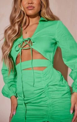 Bright Green Linen Tie Front Detail Ruched Skirt Bodycon Dress -Cheap Glamarish Store 9465a7f12a67f93c1c37352723c0f8933415d319 cmw9229 5