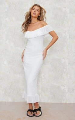 White Textured Bardot Frill Detail Midaxi Dress