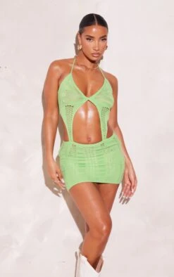 Lime Knitted Crochet Extreme Cut Out Mini Dress