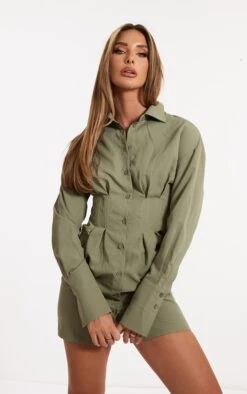Sage Khaki Corset Waist Shirt Dress