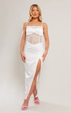 White Satin Lace Insert Strappy Split Detail Midaxi Dress