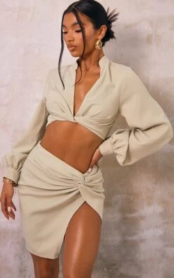 Sage Green Twist Front Split Leg Mini Skirt -Cheap Glamarish Store 9ee2234e6e6d5884deeac4d063a75d1b312e59aa cmr2909 4