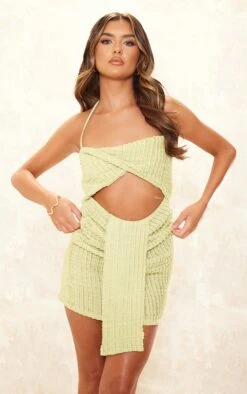 Sage Textured Twist Cut Out Drape Detail Bodycon Dress