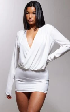 White Satin Plunge Oversized Shoulder Pad Shirt Dress