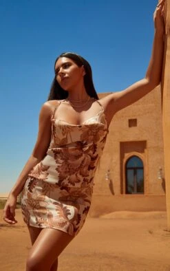 White Floral Satin Cowl Neck Bodycon Dress