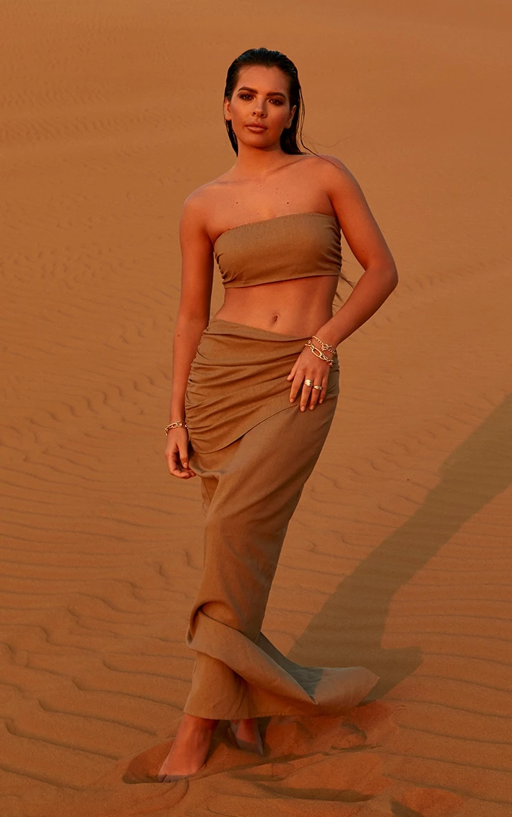 Mushroom Linen Look Ruched Detail Maxi Skirt 3 Mushroom Linen Look Ruched Detail Maxi Skirt