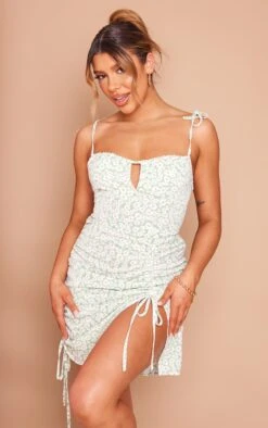 Green Floral Print Ruched Front Split Bodycon Dress