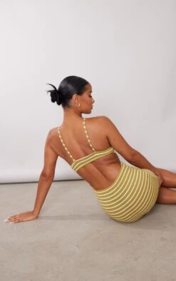 Olive Stripe Racer Neck Open Back Shift Dress