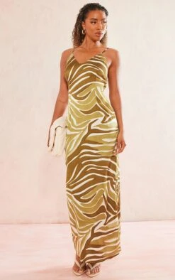 Green Zebra Print Satin Maxi Beach Dress