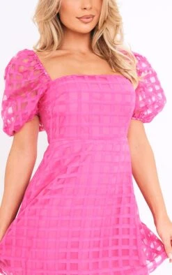 Hot Pink Oversized Gingham Puff Sleeve Shift Dress -Cheap Glamarish Store ab019d6b07078ab54428643f87f63c87a7e2112e cne2995 4