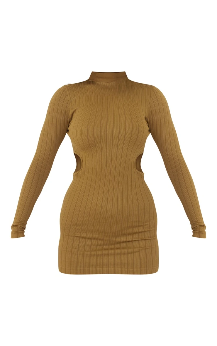 Olive Structured Contour Rib High Neck Cut Out Bodycon Dress 7 Olive Structured Contour Rib High Neck Cut Out Bodycon Dress - Image 5