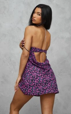 Purple Ditsy Floral Underwired Drape Back Shift Dress