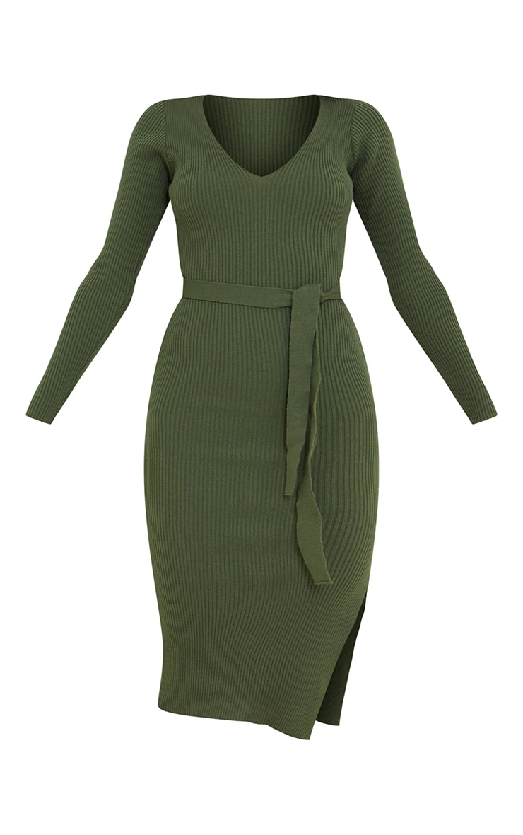 Khaki V Neck Belted Long Sleeve Split Midi Dress 8 Khaki V Neck Belted Long Sleeve Split Midi Dress - Image 6