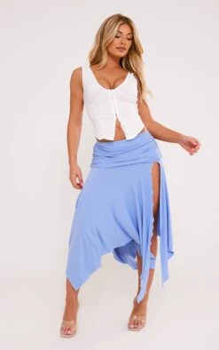 Baby Blue Soft Touch Ruched Asymetric Midi Skirt