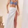 White Linen Look Knot Front Extreme Split Maxi Skirt