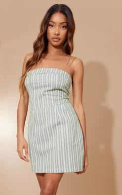 Green Stripe Linen Look Bandeau Bodycon Dress