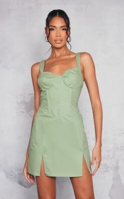 Sage Green Cargo Contrast Stitch Corset Detail Bodycon Dress
