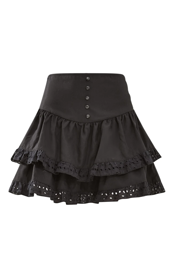 Black Broderie Frill Trim Tiered Floaty Mini Skirt 8 Black Broderie Frill Trim Tiered Floaty Mini Skirt - Image 6