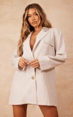 Stone Linen Look Tortoise Shell Button Oversized Blazer Dress