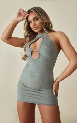 Khaki Faux Suede Chain Detail High Neck Bodycon Dress