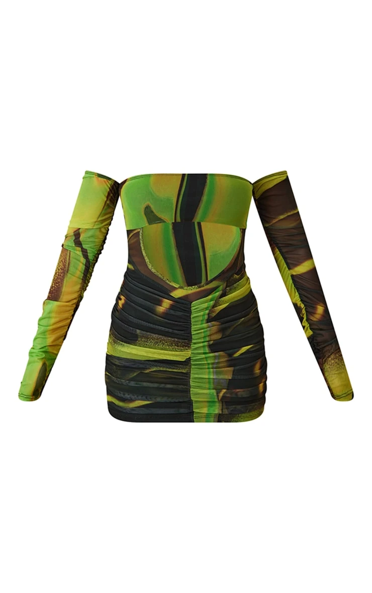 Green Smoke Print Mesh Bardot Ruched Bodycon Dress 7 Green Smoke Print Mesh Bardot Ruched Bodycon Dress - Image 5