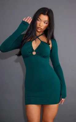 Emerald Green Slinky Trim Detail Long Sleeve Bodycon Dress
