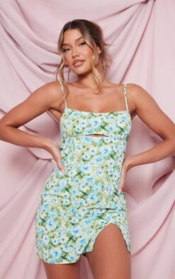 Green Floral Print Woven Cut Out Split Detail Bodycon Dress