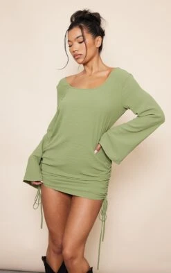 Sage Khaki Textured Satin Ruched Side Backless Bodycon Dress