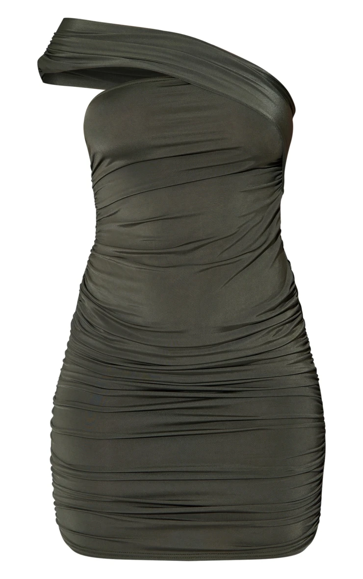 Khaki Slinky Ruched Asymmetric One Shoulder Bodycon Dress 7 Khaki Slinky Ruched Asymmetric One Shoulder Bodycon Dress - Image 5