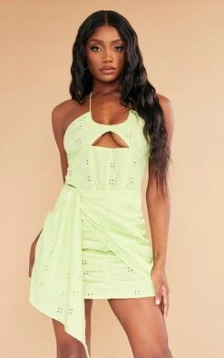 Lime Broderie Corset Detail Wrap Bodycon Dress